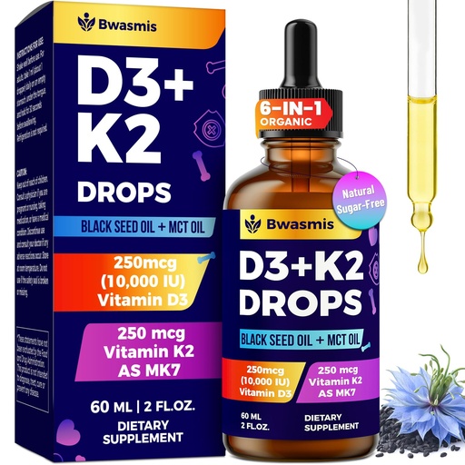 [BRSREHAECEIBOFD7] Vitamin D3 K2 Drops 10000IU with Organic Black Seed Oil, Magnesium, Omega-3, MCT Oil, Potent 6-in-1 Liquid Vitamin D Drops for Bone, Immune*, Hair, Mood*, Energy, Max Absorption - 2 Fl Oz