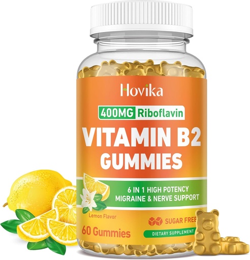 [BRSRAGQ3C56BG234] Vitamin B2 Gummies Riboflavin 400mg Supplement for Men & Women - Pure Magnesium, Ashwagandha, CoQ10, Omega 3, Vitamin B12 - Migraine Relief & Energy, Nervous System Support - Sugar Free, 60 Count