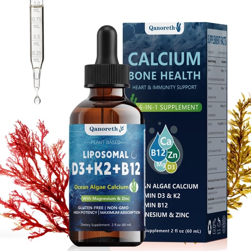 [BRSREGAYBZ5AAE3H] 6-in-1 Liposomal Calcium 600 mg, Vitamin D3 & K2, Plant Based Vegan Liquid Algae Ca-lcium & Magnesium Zinc D3 5000 IU Supplement + K2 MK7 + Methyl B12, Maximum Absorption for Bone,Heart&Immune Health