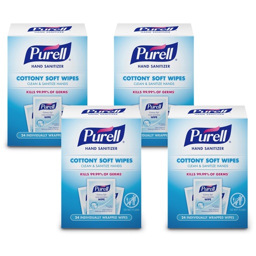 [BRSROGA6DJ7RMADH] PURELL Cottony Soft Hand Sanitizing Wipes Clean Scent, 24 Individually Wrapped Wipes (Pack of 4 Boxes) - 9029-04-CMR