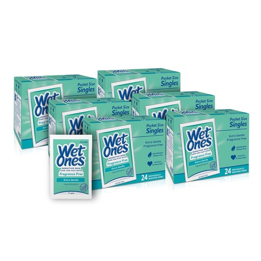 [BRSWGCYZOR6WMD3P] Wet Ones Hand and Face Wipes Singles, Unscented Wipes for Sensitive Skin, Individual Wipes, Hand Wipes Individually Wrapped,24ct (6 pack)