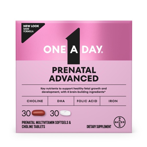 [BRSWYZQZBMHA2CTV] One A Day Prenatal Advanced- Prenatal Vitamins with Folic Acid, Choline, DHA & Iron, Pregnancy Vitamins for Women to Support Baby’s Development, 30+30 Ct (60 Total Set) (Packaging May Vary)