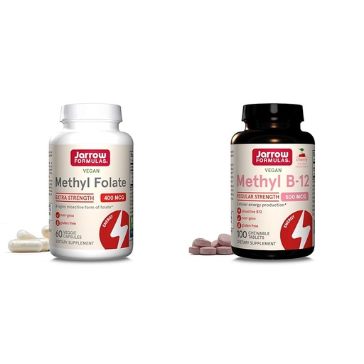 [BRSRAY33OV5BY233] Jarrow Formulas Methyl Folate 400mcg 60 Veggie Capsules and Methyl B-12 500mcg 100 Chewable Tablets Bundle for Cardiovascular, Neurologic, Cellular Energy, and Brain Health Support