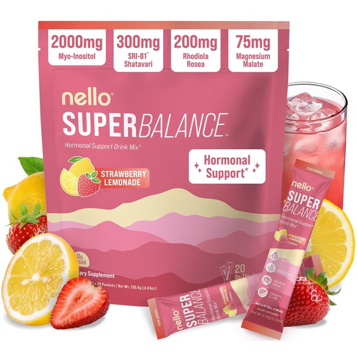 [BRSRGHYFOB5WGE33] Nello Superbalance Hormonal Support Drink Mix, SRI-81 Shatavari, Myo-Inositol, Rhodiola Rosea, Vitamin C, Magnesium, Theobromine (20 Servings, Strawberry Lemonade)