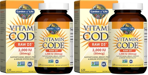 [BRSRGGQKDEAR6DTF] Garden of Life Vitamin D,Vitamin Code Raw D3,Vitamin-D 2,000 IU,Raw Whole Food D3 Supplements with Chlorella,Fruit,Veggies & Probiotics for Bone & Immune Health,120 Vegetarian Capsules,(Pack of 2)