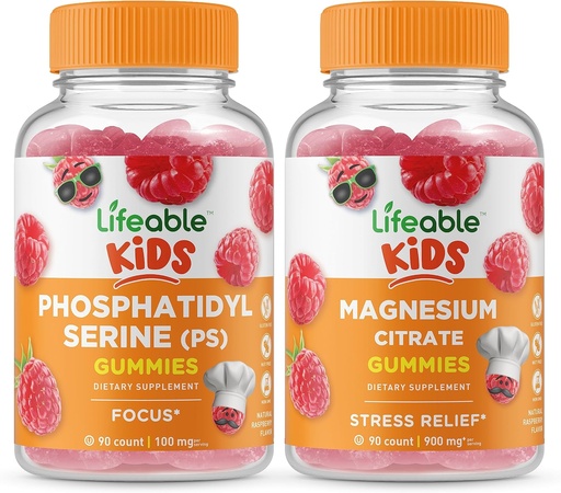 [BRSW2H33PIIQG3LZ] Phosphatidylserine (PS) Kids + Magnesium Kids, Gummies Bundle - Great Tasting, Vitamin Supplement, Gluten Free, GMO Free, Chewable Gummy