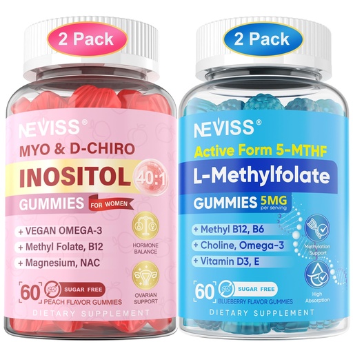 [BRSREGT5DIMBGHQ7] NEVISS 2Pack Myo-Inositol & D-Chiro Inositol Gummies + 2Pack L Methylfolate Gummies & Methyl B12