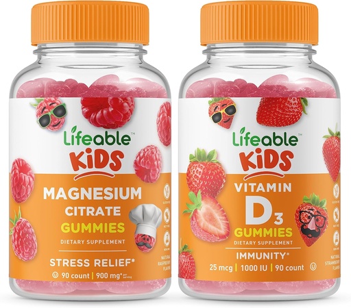 [BRSW2H33OQCBQYI7] Lifeable Magnesium Kids + Vitamin D Kids, Gummies Bundle - Great Tasting, Vitamin Supplement, Gluten Free, GMO Free, Chewable Gummy