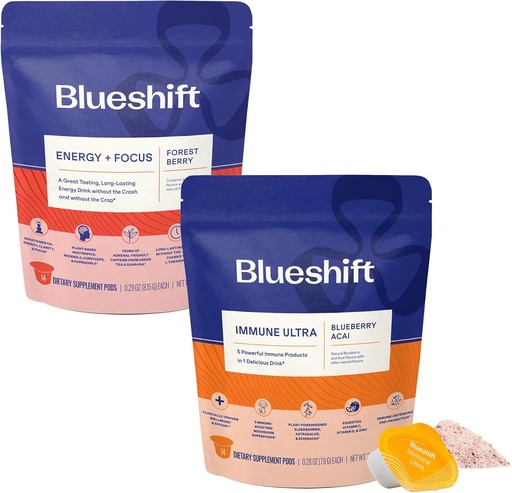 [BRSROCDYO4CWGFY6] Blueshift Energy + Focus & Immune Ultra Bundle - Energy Drink Pods, Immune Support Powder, Drink Mixes for Energy & Immune Defense, Vitamin Supplement - Energy+Focus (14 Pack) & Immune Ultra (14 Pack)