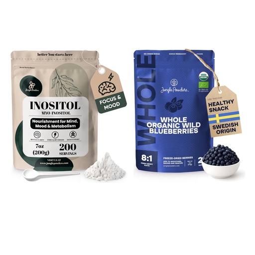 [BRSRGGQZAAPGACQ4] Jungle Powders Inositol Powder 7 Ounce Bag + Organic Blueberries Fresh Freeze Dried Fruit 4 Ounce Bag