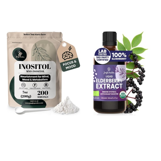 [BRSRGGQZB57GAYA6] Jungle Powders Inositol Powder 7 Ounce Bag + Organic Elderberry Syrup USDA Certified 3.4 fl oz Bottle Liquid Sambucus Elderberry