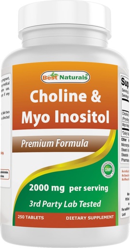 [BRSRE2QFOV6AGETD] Best Naturals Choline Inositol (Myo Inositol) 2000 mg Per Serving 250 Tablets - Non-GMO, Gluten Free, Made in the USA