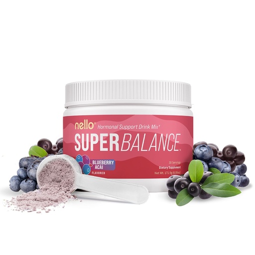 [BRSRGHYCDJYQOHLA] Nello Superbalance Hormonal Support Drink Mix, SRI-81 Shatavari, Myo-Inositol, Rhodiola Rosea, Vitamin C, Magnesium, Theobromine (30 Servings, Blueberry Acai)