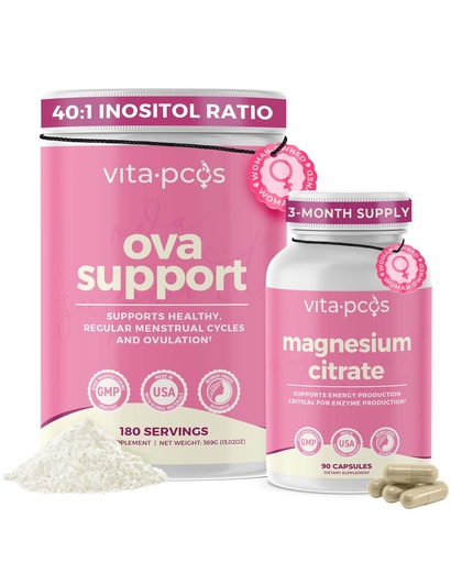 [BRSREAAZBEMAYEL6] VITA-PCOS Supplement Bundle for Women – Myo-Inositol & D-Chiro Inositol Powder (40:1 Ratio, 2000mg Myo, 50mg D-Chiro), 90 Capsules, with Magnesium Citrate (150mg) for Energy & Digestion, 90 Capsules