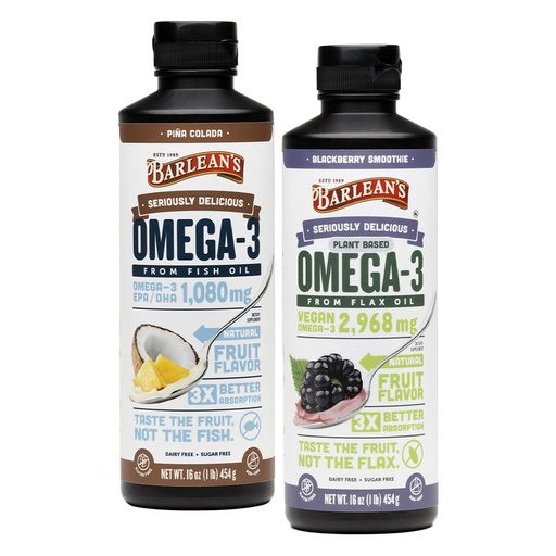 [BRSRMZQCCMFW2H3K] Barlean's Omega 3 Liquid Supplement Bundle, BlackBerry Smoothie Flax Seed Oil and Piña Colada Fish Oil Supplements Set, 16 oz
