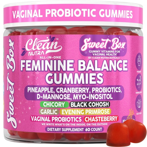 [BRSREYY6AEGQE2D4] Clean Nutra Feminine Balance Gummies for Women Pineapple VaginalProbiotics pH Balance Cranberry D Mannose Supplement Inositol Black Cohosh Evening Primrose Garlic Vitex GLA Prebiotics Folate 60ct