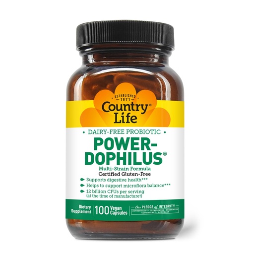[BRSWIY3YOQJQCE3A] Country Life Power-Dophilus Dairy-Free Multi-Strain Probiotic 12 Billion CFUs, 100 Vegan Capsules, Certified Gluten Free, Certified Vegan