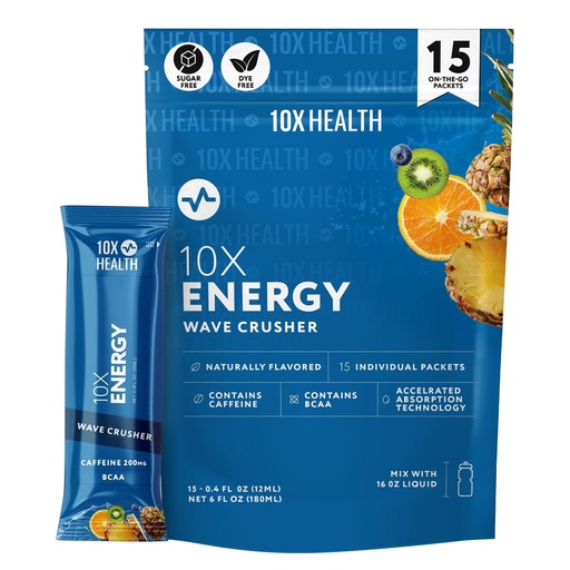 [BRSRAAT2BYPRA3TP] 10X Health Energy Wave Crusher - Energy Drink Packets with 200 mg Caffeine, BCAAs & B Vitamins - Pre-Workout Caffeine Drink Mix Packets, Accelerated Absorption - 15 Sticks, Tropical Fruit Punch
