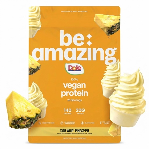 [BRSREEL6OJ4GMCD5] BE AMAZING Vegan Protein Powder, Dole Whip Pineapple, 20g Plant Based Protein with Prebiotic Fiber, Low Carb, Dairy and Gluten Free Shake Mix, No Added Sugar, 29.3 oz, 25 Servings