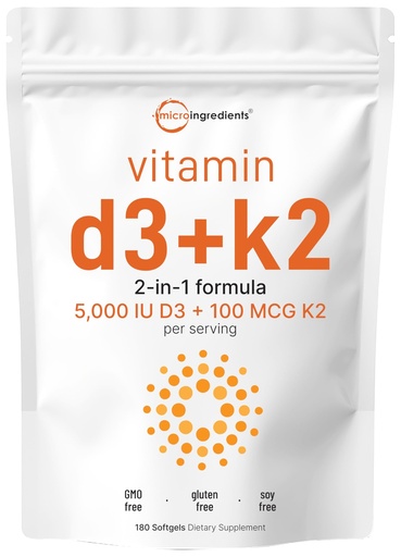 [BRSRAYA2OUGRSHL6] Micro Ingredients Vitamin D3 5,000 IU + K2 MK-7 100 mcg, 180 Softgels | 2-in-1 Formula | Easy to Swallow, Non-GMO