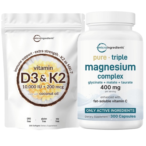[BRSREZIKOZ5ROAD7] Micro Ingredients Vitamin D3 10,000iu + K2 200mcg Softgels & Pure Triple Magnesium Complex 400mg Capsules | 2 Pack Bundle | Essential D & K Sunshine Vitamins | Glycinate, Malate, & Taurate Forms