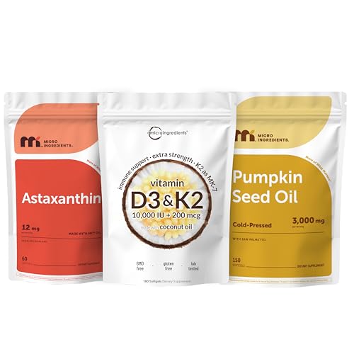 [BRSRGCQRAQHWO3QV] Micro Ingredients Vitamin D3 K2 10000IU & Astaxanthin 12mg with MCT Oil & Pumpkin Seed Oil Softgel Value Bundle | Shine, Strength & Scalp Support*
