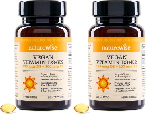 [BRSRGGQKAV5ROFIU] NatureWise Vegan Vitamin D3 + K2 - Natural D3 5000IU + Natural Vitamin K2 100mcg - Bone Support - High Absorption with Organic Cold-Pressed Olive Oil - Non-GMO, (Pack of 2)
