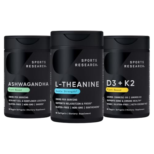 [BRSRAHQZOUJWY2D3] Sports Research® Vitamin D3 K2 with Coconut Oil, Ashwagandha Softgels with Coconut MCT Oil & Double Strength L-Theanine Supplement - Suntheanine Softgels