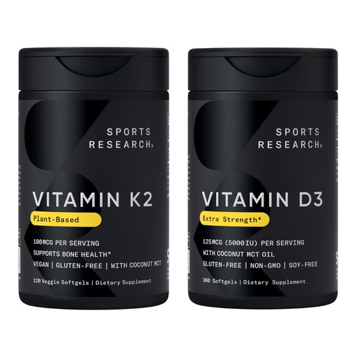 [BRSREGAQBMBAM3AU] Sports Research® Heart and Bones Pack - High Potency Vitamin D3 5000iu (125mcg) Supplement + Vitamin K2 as MK-7 100mcg with Coconut MCT Oil