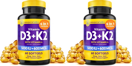 [BRSRGGQZAAIGOGYV] InnovixLabs Vitamin D3 K2-5000 IU Vitamin D3 Plus 600 mcg Vitamin K2 MK4 and MK7 for Max Calcium Absorption, Supports Bone, Immune, Heart Health, 3rd Party Tested, Gluten Free, 60 Softgels (Pack of 2)