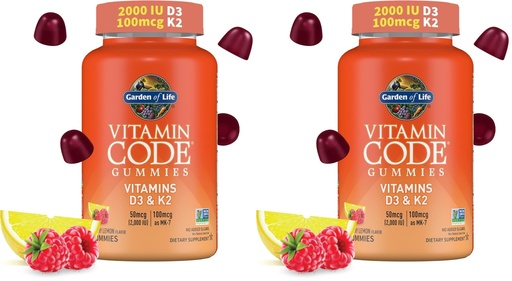 [BRSRGGQNBV7RMCY7] Garden of Life Vitamin Code D3 & K2 Gummies with Prebiotics and Probiotics - Bone Health, Immune Health, and Digestive Support, Non-GMO, Gluten-Free, Raspberry Lemon Flavor, 45 Gummies (Pack of 2)