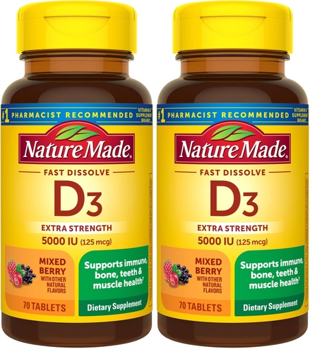 [BRSRGGQKPMFQEALX] Nature Made Vitamin D3 5000 IU (125 mcg) Extra Strength, Vitamin D Supplement for Immune Support, 70 Sugar Free Fast Dissolve Tablets, 70 Day Supply, (Pack of 2)