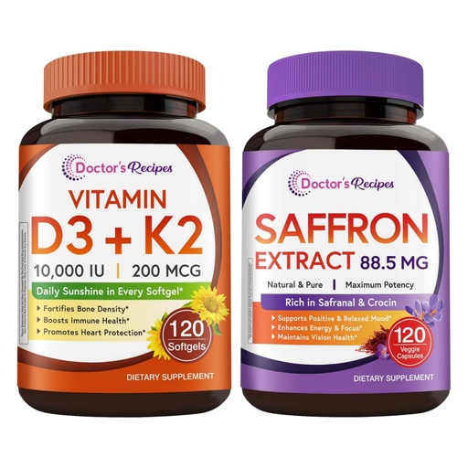 [BRSRGFD3OAIQE33B] Doctor's Recipes D3 K2 + Saffron Bundle (Pack of 2) | Vitamin D3 K2 10,000 IU (Item 1) & Saffron Extract Supplement (Item 2) | 120 Softgels + 120 Capsules