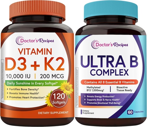 [BRSRGFD6BMPGCH3A] Doctor's Recipes Vitamin D3 K2 + Ultra Vitamin B Complex Bundle, 10,000 IU D3 with MK-7, Complete B Vitamins with B12 Methylcobalamin, Daily Energy & Wellness Support, Non-GMO, 180 Capsules