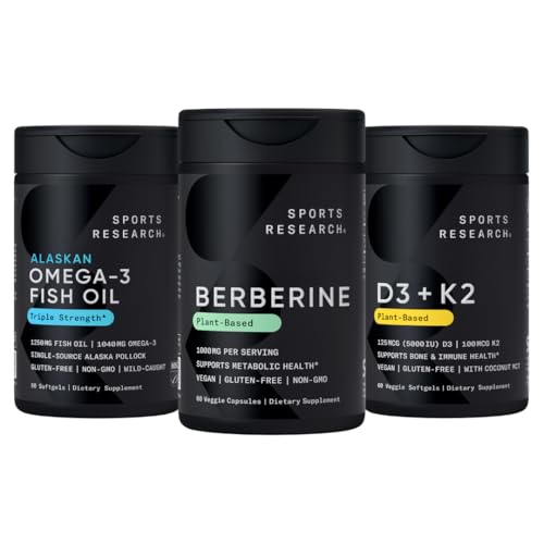 [BRSRAYY7CUCGKGTG] Sports Research® Body Wellness Pack - Vegan Berberine & Vitamin D3 + K2 Supplements complemented by Triple Strength Omega-3 Fish Oil with EPA & DHA Fatty Acids (One Softgel per Day Recommended)