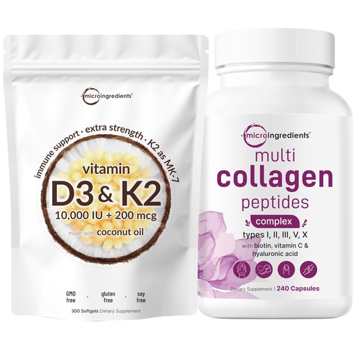 [BRSRAFILBN5GCA3L] Micro Ingredients Vitamin D3 10000 iu + K2 200 mcg Coconut Oil Softgels & Multi Collagen Complex for Women Bundle 2 Pack | Essential Sunshine Vitamins | Hydrolyzed Protein Peptides