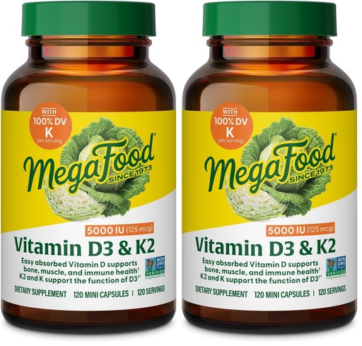 [BRSRGFIFBMIG2HLL] MegaFood Vitamin D3 5000 IU (125 mcg) - Vegetarian Supplements with Vitamin D3 K2 - Supports Bones, Teeth, Muscles & Immune Health - Certified Non-GMO - 120 Mini Capsules, 120 Servings (Pack of 2)