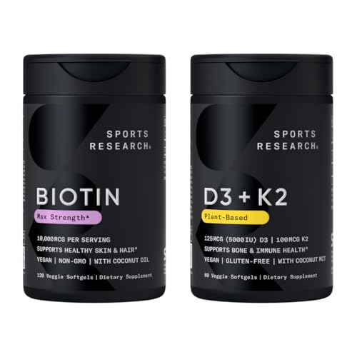 [BRSREEIHCQFQ2HTB] Sports Research® Body Wellness Pack - Vegan Vitamin D3 5000iu + K2 100mcg Mk7 with Coconut Oil (60 Softgels) and 10,000mcg Biotin (Vitamin B7) for Healthy Skin and Hair Support (120 Softgels)