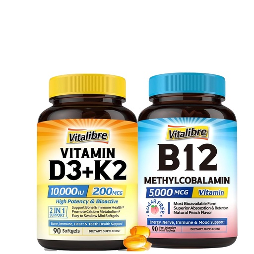 [BRSREFQCCEBA2YLL] Vitamin D3 K2 10000 IU D3 / 200 mcg K2 MK7 K2, 90 Softgels & Vitamin B12 Sublingual 5000 mcg,Methylcobalamin, 90 Fast Dissolve Mini Tablets