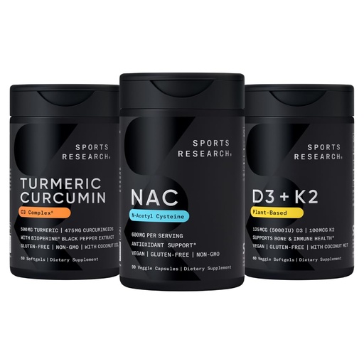 [BRSRAHQZO4GWCHTF] Sports Research® Vitamin D3 K2 with Coconut Oil, Turmeric Curcumin C3 Complex Softgels with Bioperine Black Pepper Extract & Organic Coconut Oil and N-Acetyl L-Cysteine (NAC) 600mg Veggie Capsules