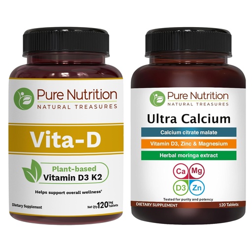 [BRSRGHYBAR7AOCLX] Pure Nutrition Vitamin D3 K2 + Ultra Calcium | Plant-Based D3 from Lichen | 120 Tablets Each