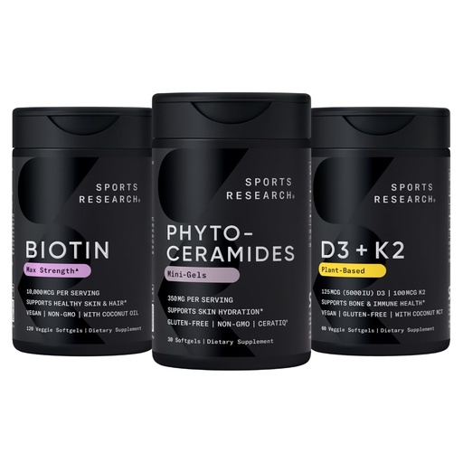 [BRSRAHQZPIHB6E3X] Sports Research® Skin Health Bundle - Vitamin D3 K2 with Coconut Oil, Vegan Biotin 10,000mcg with Coconut Oil & Phytoceramides 350mg per Softgel Plant Derived Ceramides for Healthy Skin and Hydration