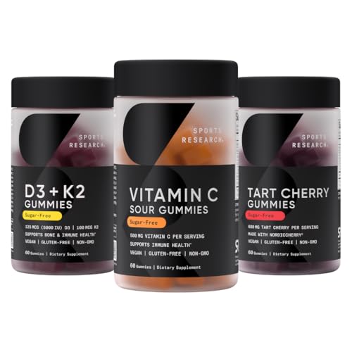 [BRSREFIYBAGWECYY] Sports Research® Gummies Pack - Vitamin C, Vegan Vitamin D3 + K2 and Tart Cherry Supplements for Immune & Antioxidant Support, Stronger Bones, Workout Recovery