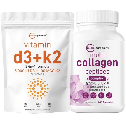 [BRSRAFILC4GRSGT4] Micro Ingredients Vitamin D3 5,000iu + K2 100mcg Softgels & Multi Collagen Complex 240 Capsules Bundle 2 Pack | Essential Sunshine Vitamins | Hydrolyzed Protein Peptides