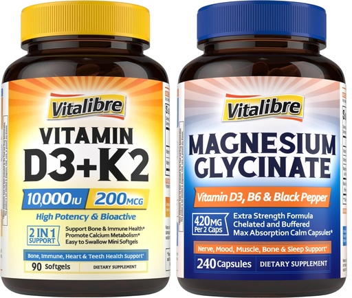 [BRSREGQ6BEIQKHLP] Vitalibre Vitamin D3 K2 Supplement 10000 IU 90 Softgels and Magnesium Glycinate 420mg with Vitamin D3 & B6 240 Capsules
