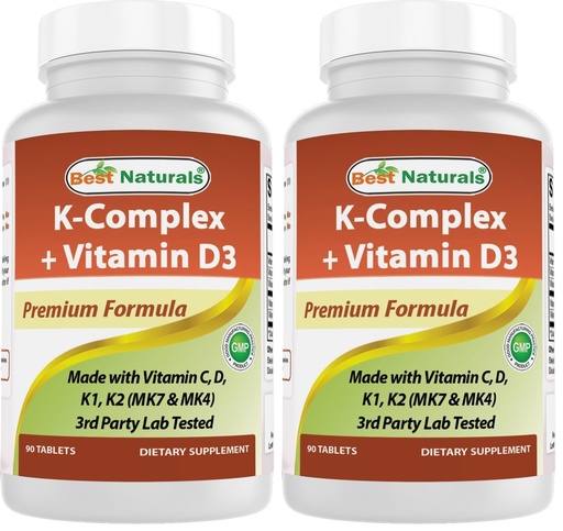 [BRSRGFIFCJ6W2CLD] Best Naturals K-Complex with K1 (Phytonadione 1500 mcg + K2 as Menaquinone 100 mcg + K2 as MK-4 1000 mcg) + D3 + VIT. C - 90 Tablets - Made in The USA (Pack of 2)