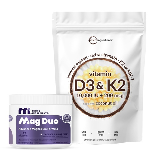 [BRSRGCQOCIAQGAAZ] Micro Ingredients Mag Duo Magtein Magnesium L‑Threonate Powder & 10,000 IU Vitamin D3 K2 Softgels 2 Pack Bundle | with Magnesium Glycinate for Calm, Sleep & Focus Support | MK‑7 with Coconut Oil