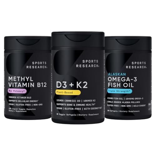 [BRSRGHQDOZ5BGYAU] Sports Research® Multivitamin Pack - Vitamin D3 + K2 w/Coconut Oil 5000iu + Vitamin B12 as Methylcobalamin 5000mcg + Omega-3 Fish Oil 1250