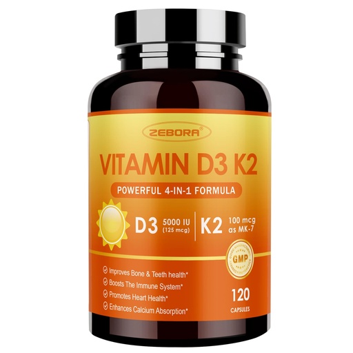 [BRSRAEINC4NBY2DO] ZEBORA Vitamin D3+K2-5000 IU Vitamin D3 + 100 mcg K2 MK-7 - Maximum Absorption for Bone, Teeth, Heart & Immune Support - Easy to Swallow, Gluten-Free, 120 Capsules
