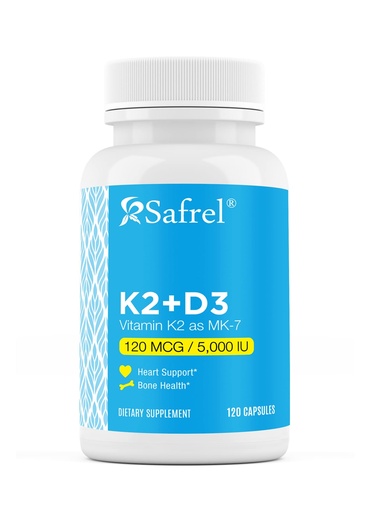 [BRSRMZQEAAMR4HLG] Safrel Vitamin K2 (MK7) 120 MCG and D3 5000 IU Supplement per Capsule, Supports Calcium Absorption for Bone, Immune and Heart Health, Easy to Swallow K2 and D3, Non-GMO, 120 Count